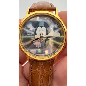 Vintage Mickey Mouse Watch Gold‎ Tone Lorus Seiko Quartz Disney Holograph